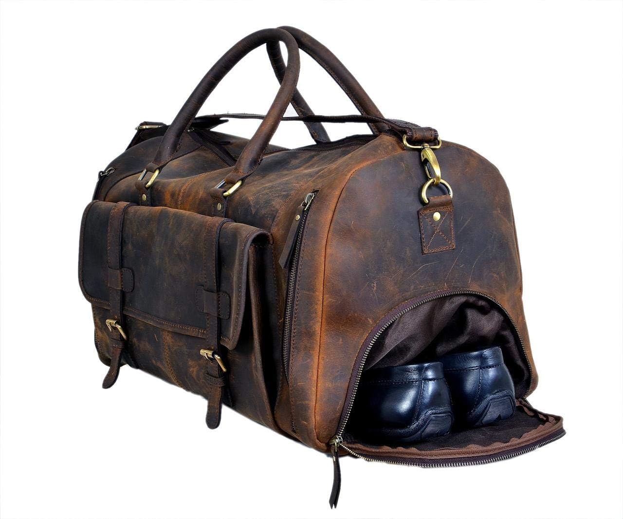 24 Inch Genuine Leather Duffle Bag for Men Travel Overnight Weekender Leather