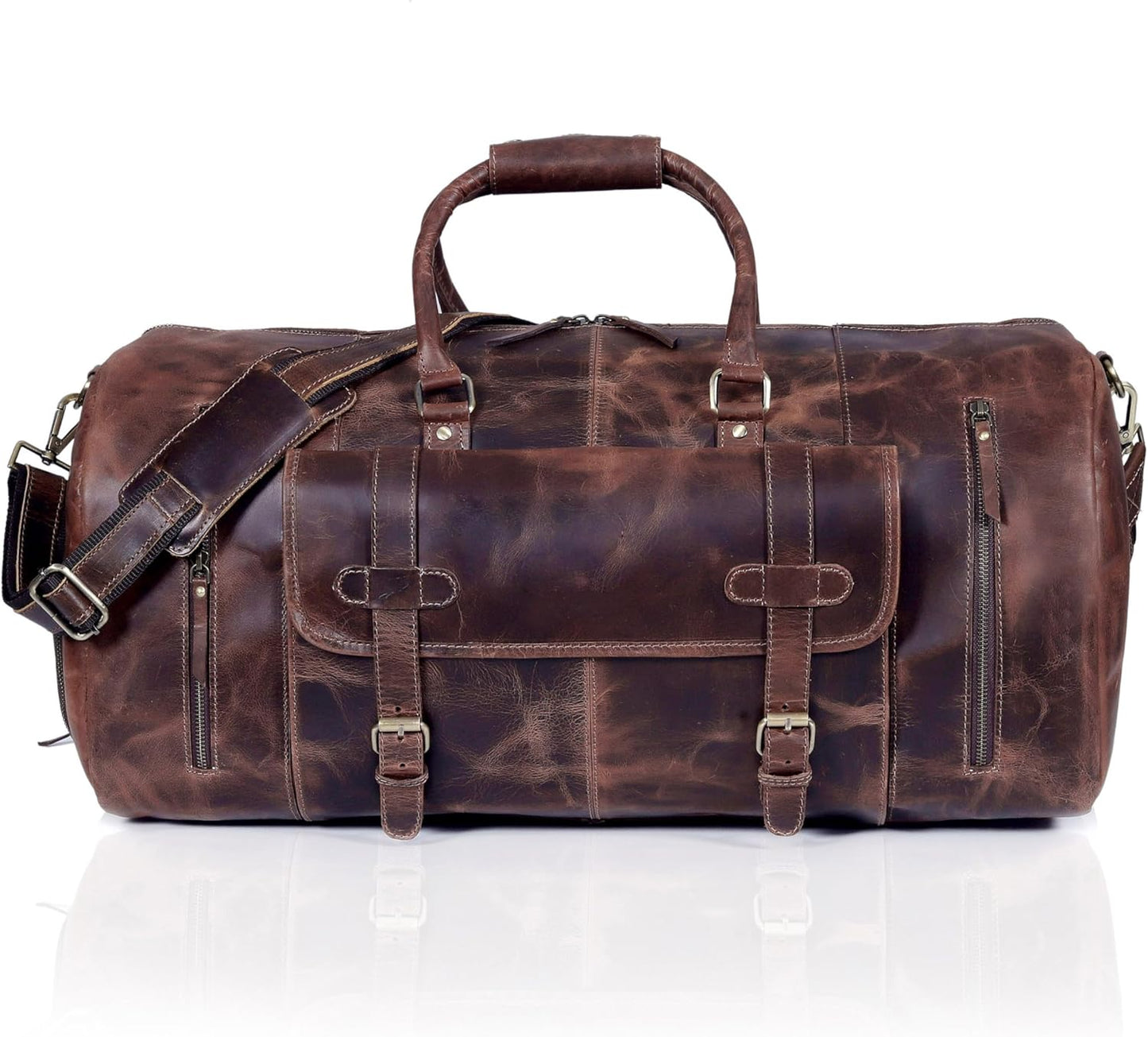 24 Inch Genuine Leather Duffle Bag for Men Travel Overnight Weekender Leather