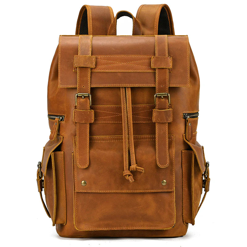 15" Retro Buffalo Leather Laptop Travel Backpack Camel