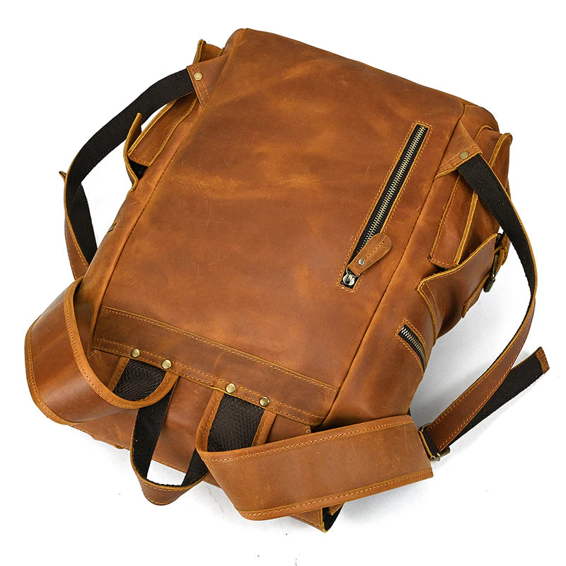 15" Retro Buffalo Leather Laptop Travel Backpack Camel