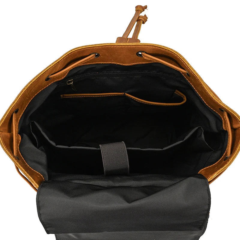 15" Retro Buffalo Leather Laptop Travel Backpack Camel