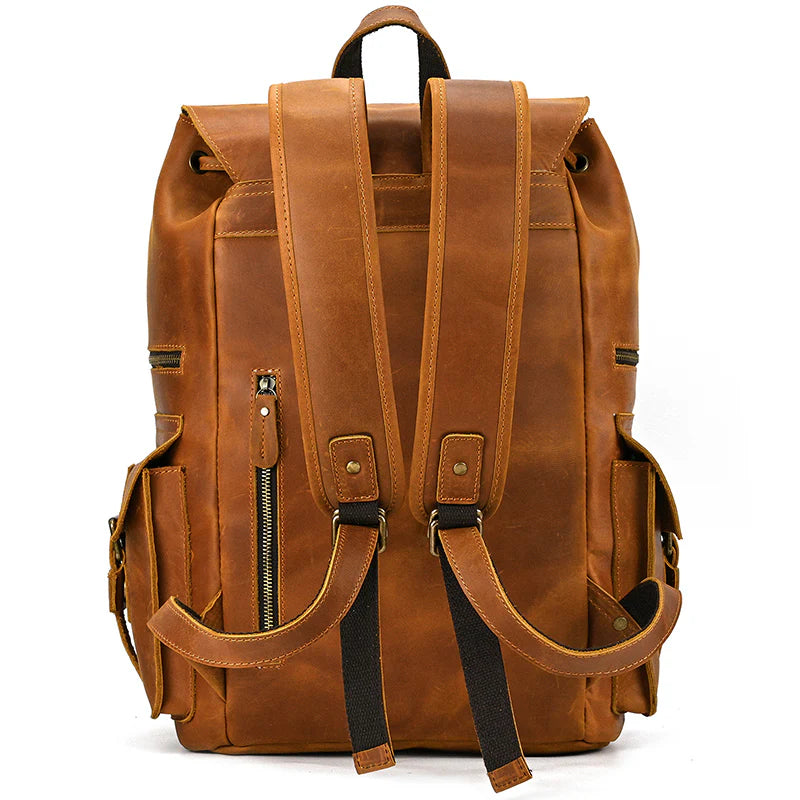15" Retro Buffalo Leather Laptop Travel Backpack Camel