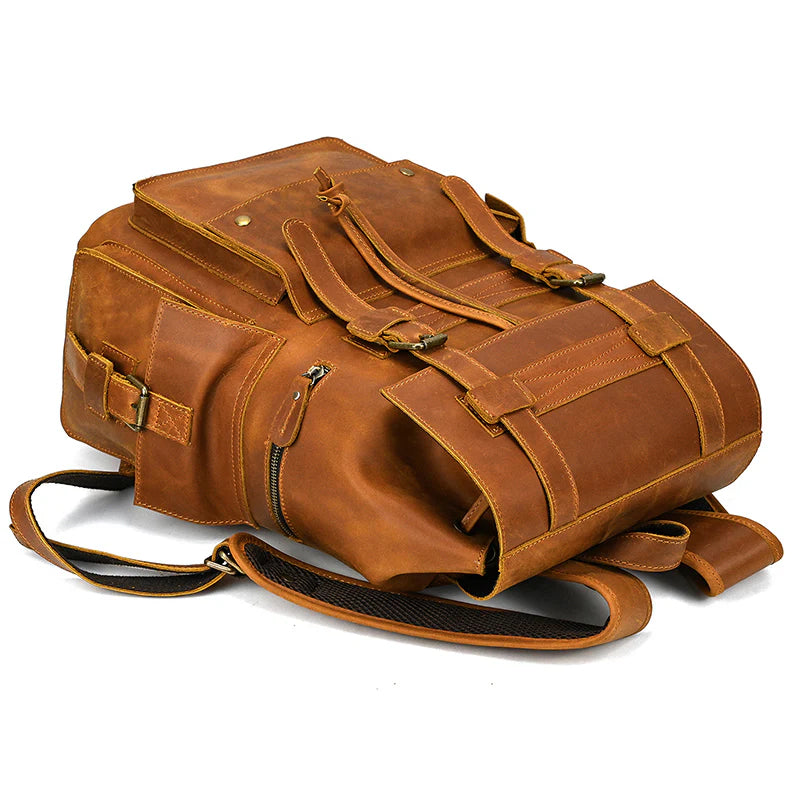 15" Retro Buffalo Leather Laptop Travel Backpack Camel