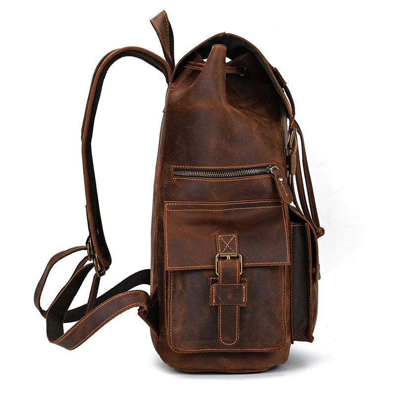 15" Retro Buffalo Leather Laptop Travel Backpack Chocolate