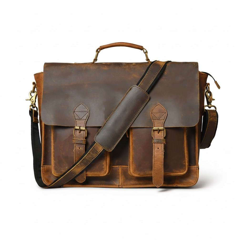 Buffalo Leather Retro Briefcase - Pecan Savory