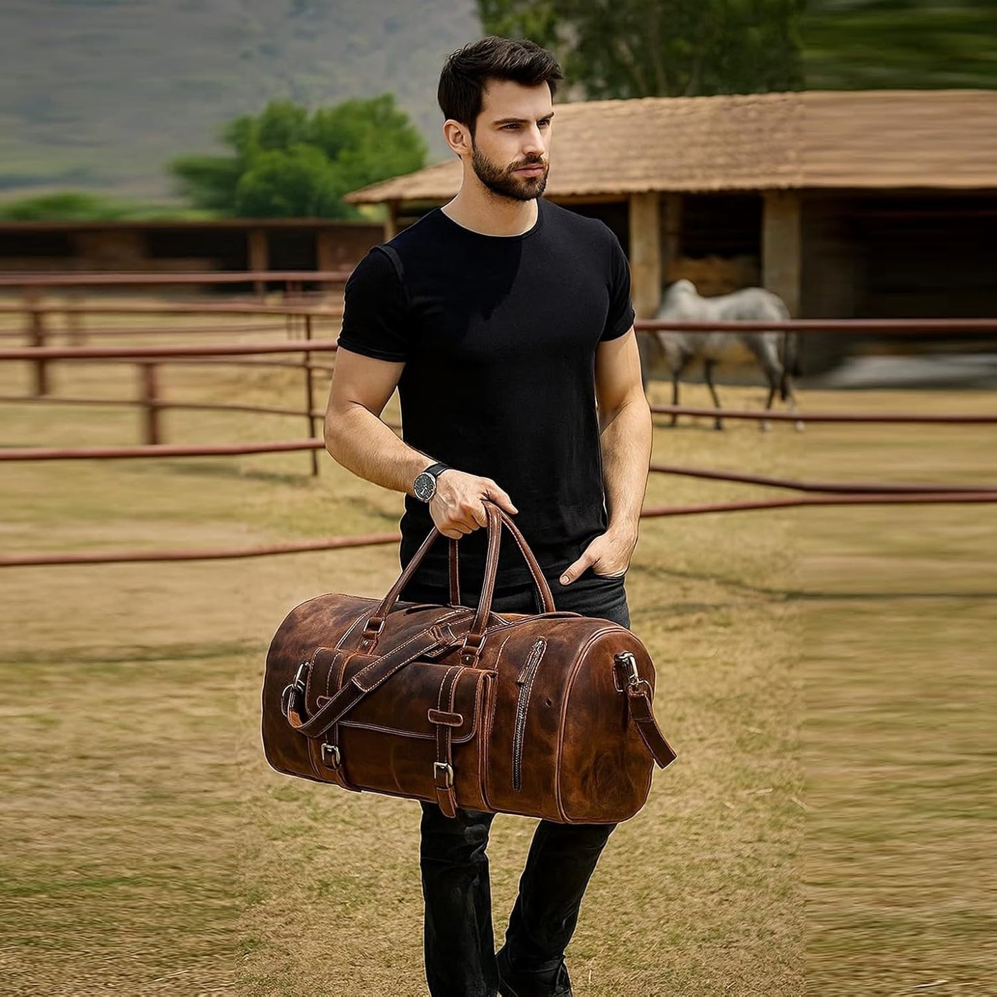 24 Inch Genuine Leather Duffle Bag for Men Travel Overnight Weekender Leather