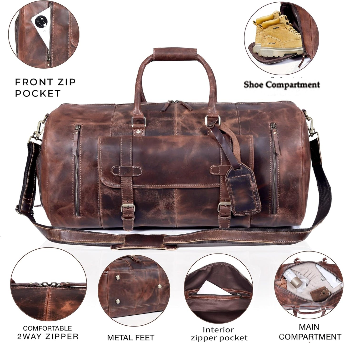 24 Inch Genuine Leather Duffle Bag for Men Travel Overnight Weekender Leather