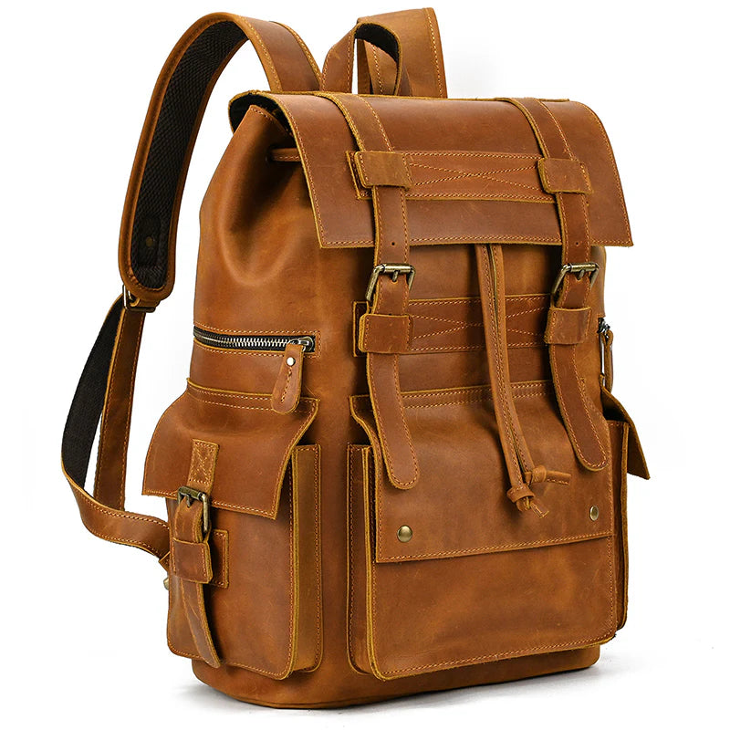 15" Retro Buffalo Leather Laptop Travel Backpack Camel