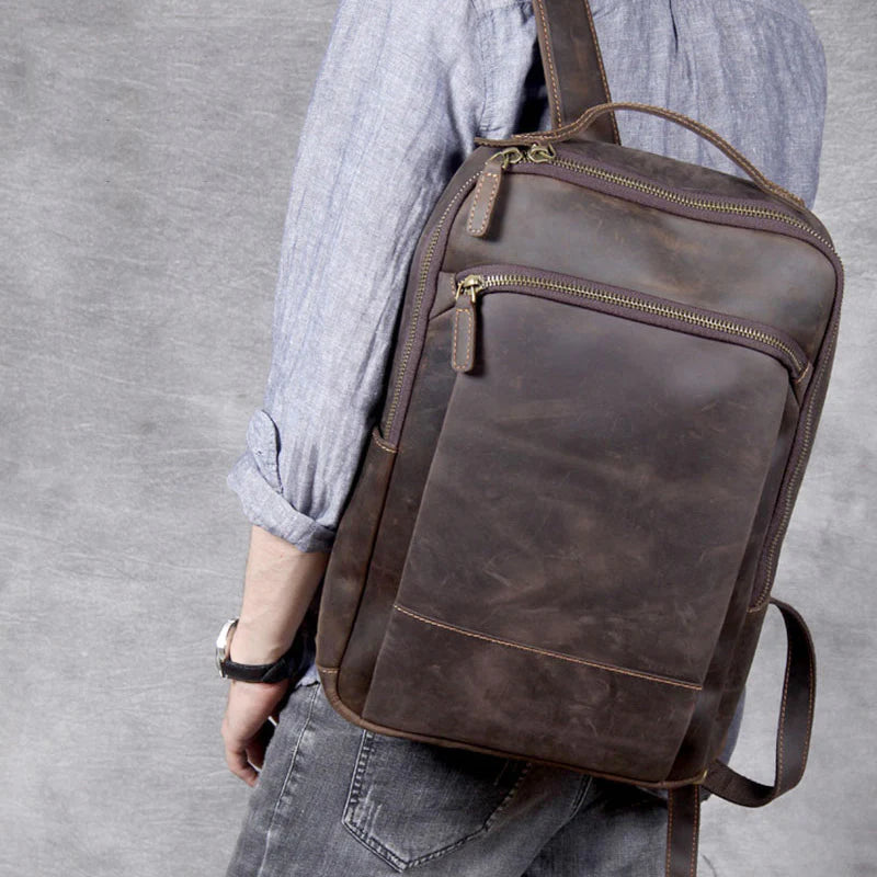 Vintage Crazy Horse Leather Backpack Chocolate