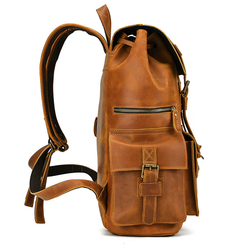 15" Retro Buffalo Leather Laptop Travel Backpack Camel