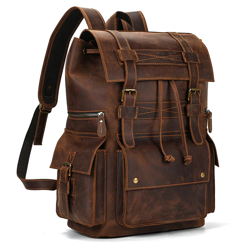 15" Retro Buffalo Leather Laptop Travel Backpack Chocolate