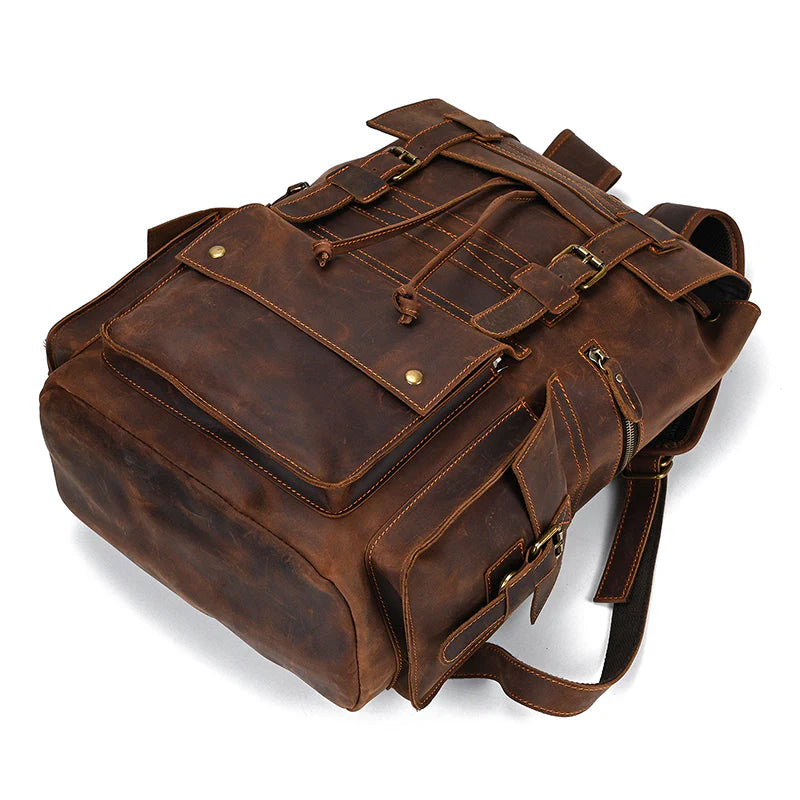 15" Retro Buffalo Leather Laptop Travel Backpack Chocolate