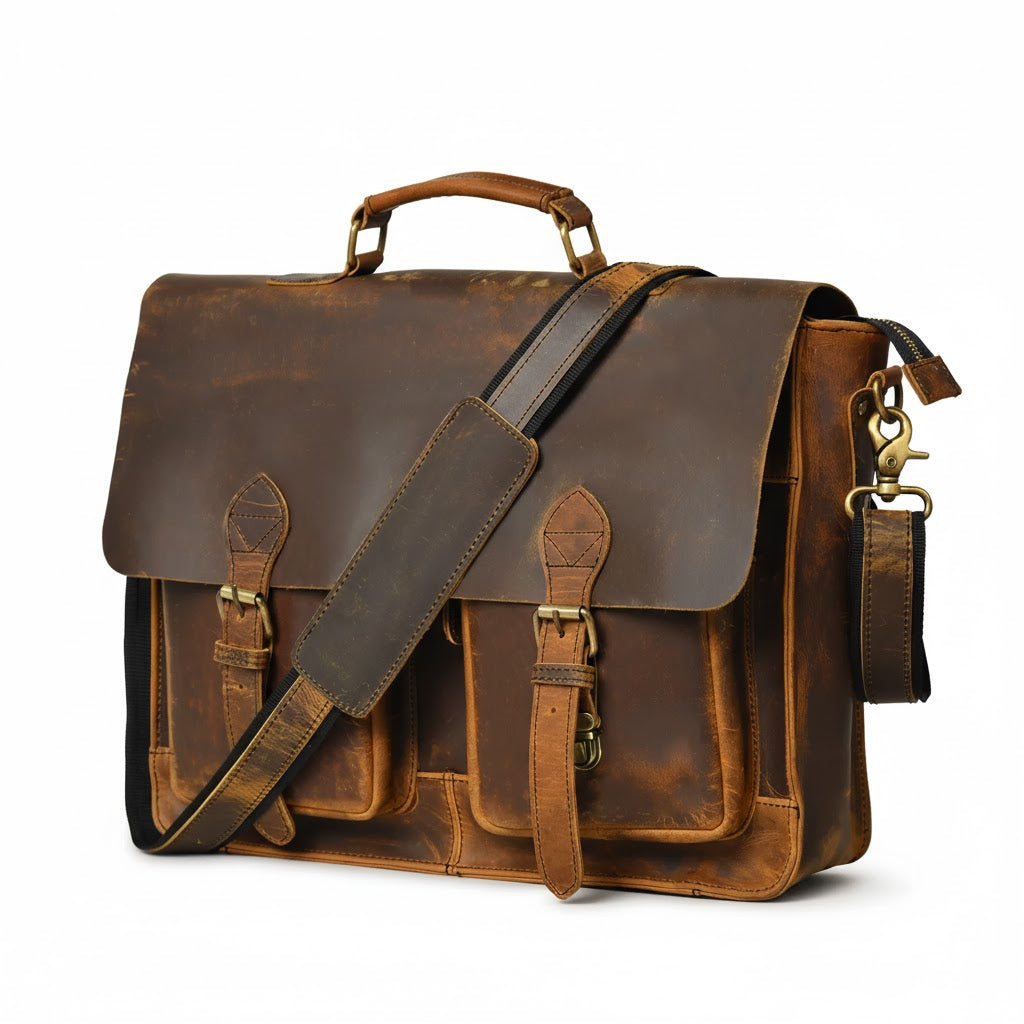 Buffalo Leather Retro Briefcase - Pecan Savory